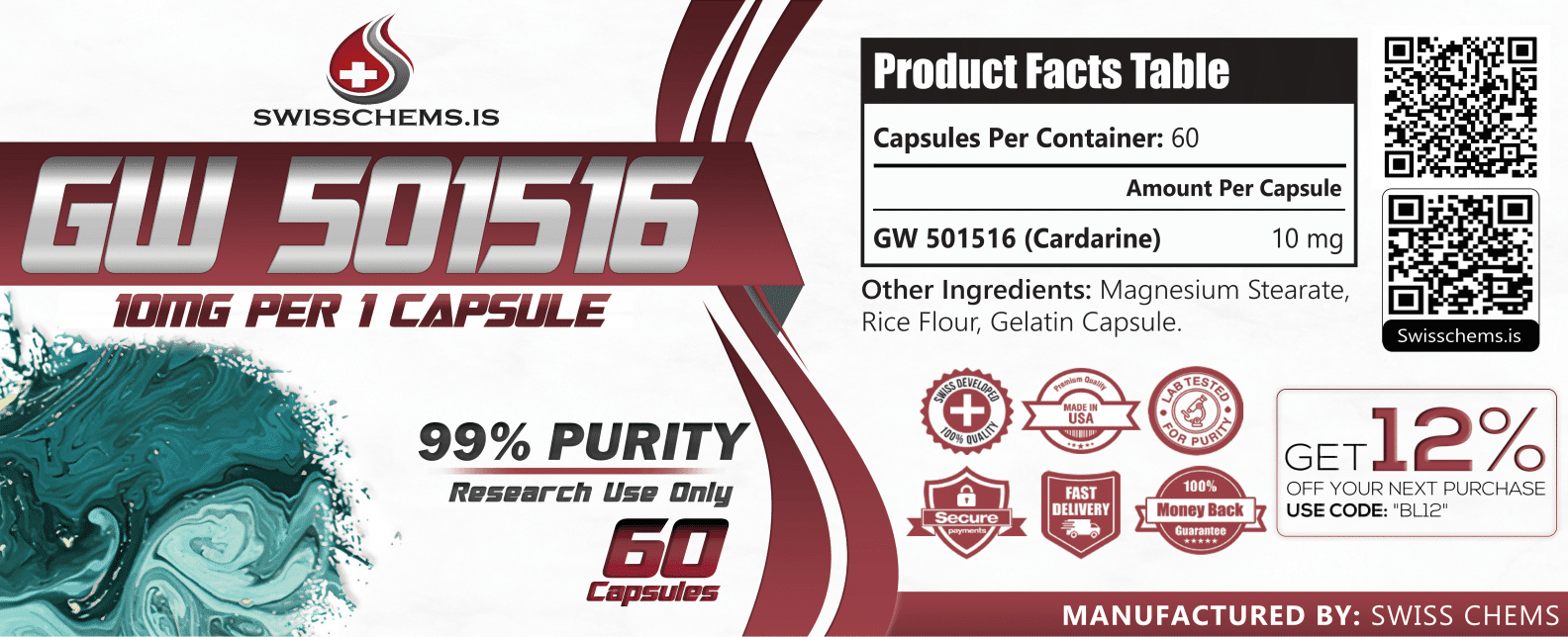 SwissChems GW-501516 Cardarine Supplement 10mg Capsules 60 Count - Image 3