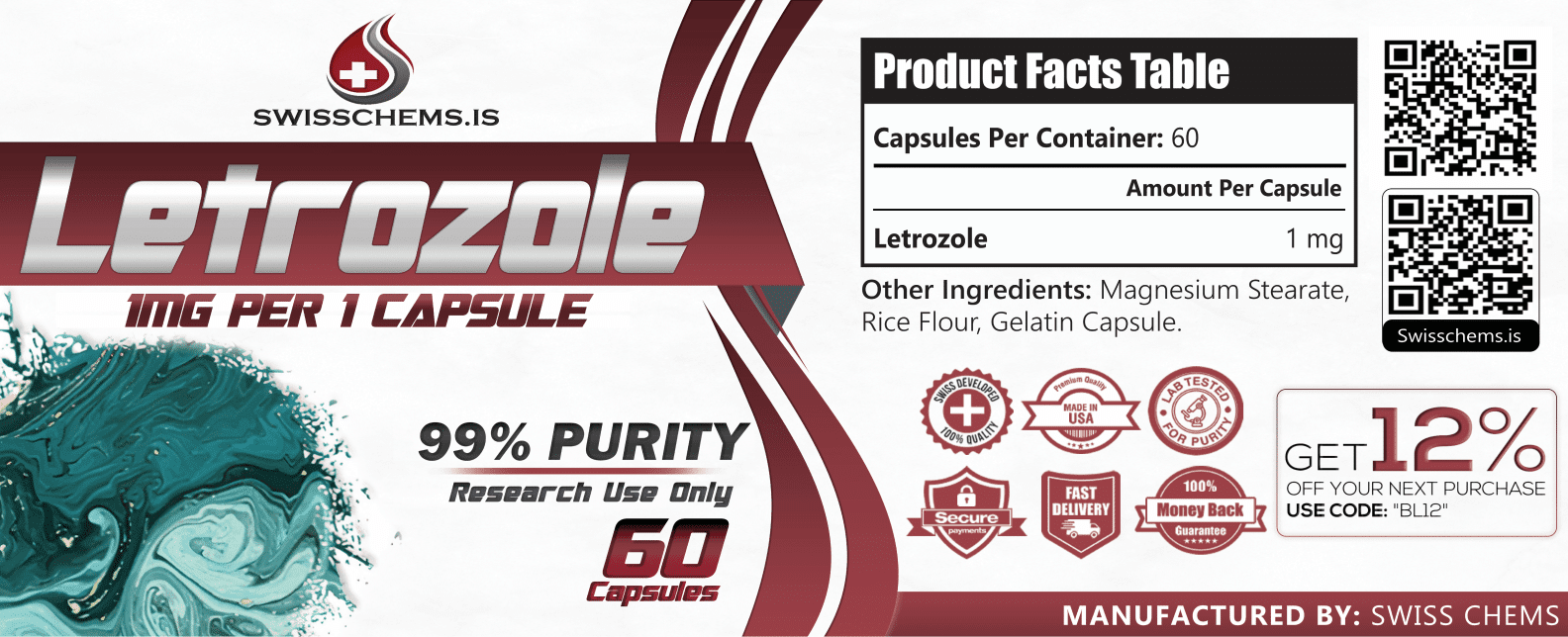 SwissChems Letrozole 1mg Capsules 60 Count Research Compound - Image 2